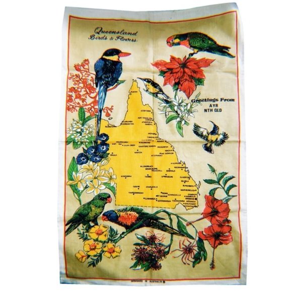 Vintage Queensland Birds & Flowers Linen Tea - Picture 1 of 6